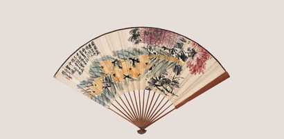 赵云壑 1930年作 花果 书法 成扇
